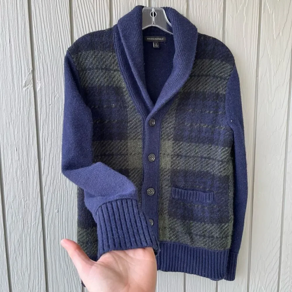 Banana Republic Wool Blend Shawl Collar Cardigan Navy Plaid S/M